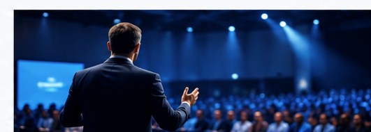 Dirigeant présentant une stratégie commerciale à une audience professionnelle