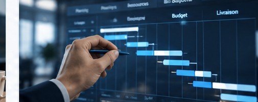 Gestion de projet avec planning et jalons sur un écran